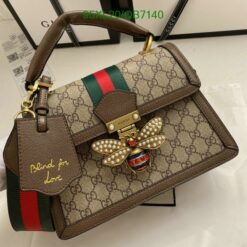 Gucci Replica Queen Margaret Bee Bag QB7140 in Brown, featuring GG canvas, leather trim, and a metal bee motif.