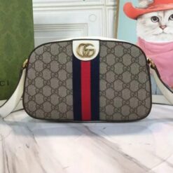 Gucci Small Ophidia GG Shoulder Bag YB65935 featuring gold hardware and white leather trim.