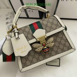 Gucci Queen Margaret Bee Bag QB71401 in White, combining GG canvas with a luxurious metal bee motif.