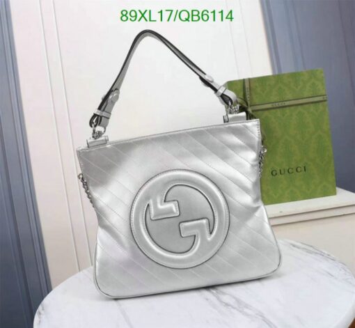 Gucci Blondie Shoulder Bag QB61144 in Grey, featuring the Round Interlocking G emblem for a sleek appearance.