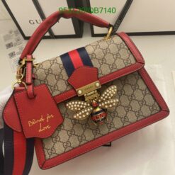 Gucci Queen Margaret Bee Bag QB71401 in Red, with GG canvas and a striking metal bee motif.