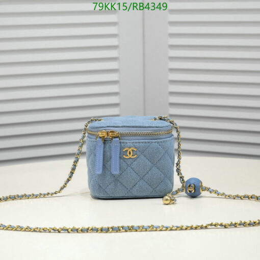 Luxury Chanel Mini Cube Pearl Crush Vanity Bag in sky blue denim