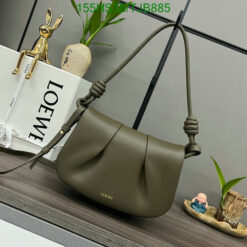 DupeLoewe Convertible Leather Shoulder Bag in Dark Khaki Ruched 062138