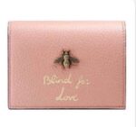 Gucci Animalier Pink Card Case in nude leather with bee embellishment, authentic lookalike accessory
