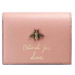 Gucci Animalier Pink Card Case in nude leather with bee embellishment, authentic lookalike accessory