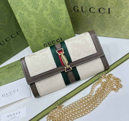 Gucci Jackie 1961 Replica Wallet with Chain in Beige and Ebony GG Canvas