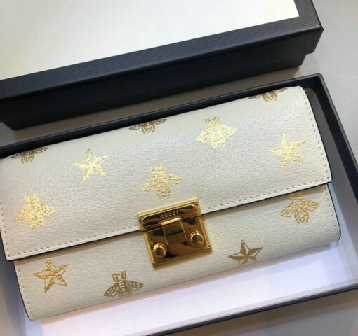 Gucci Padlock Bee Star White Wallet on Chain Knockoff with detachable chain strap, and gold-tone hardware.