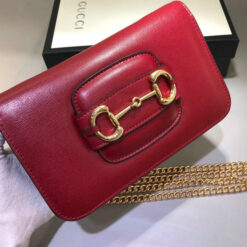 Gucci Red Horsebit 1955 Shoulder Bag with genuine cowhide leather and iconic gold metal