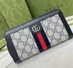 Ophidia Zip Around Wallet Imitation in beige and ebony GG canvas with brown leather detailing and blue and red Web embellishments
