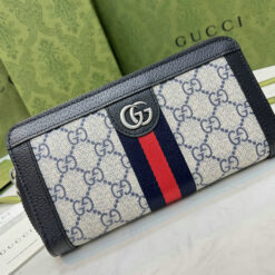 Ophidia Zip Around Wallet Imitation in beige and ebony GG canvas with brown leather detailing and blue and red Web embellishments